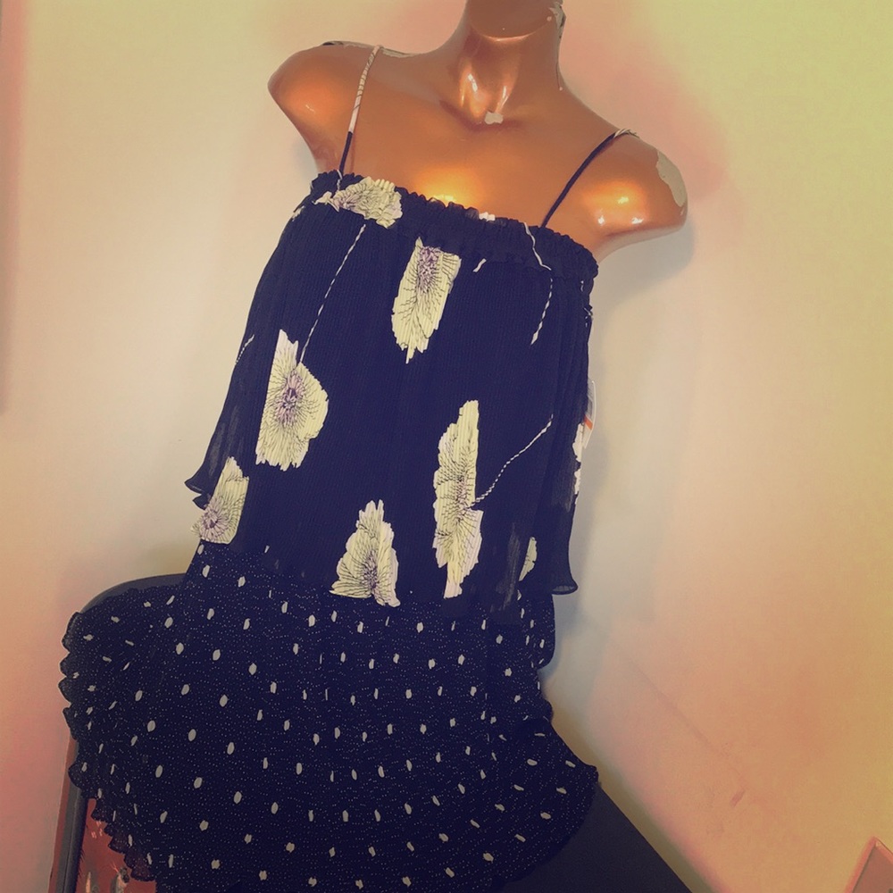 !!NEW Womens 1.STATE mixed print black white floral pleated shift dress sz S NWT